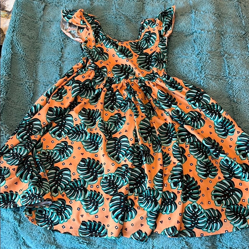 Dot Dot Smile Orange and Green Leaf Print Dress (Monstera) size 7 Empire